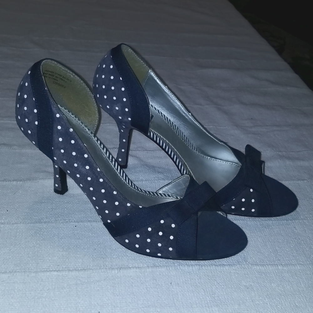 Unlisted Navy Blue with White Polka Dots Open Toe Pumps